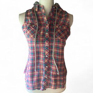 Wet Seal Y2K flannel pink plaid button down hooded sleeveless tank top M grunge